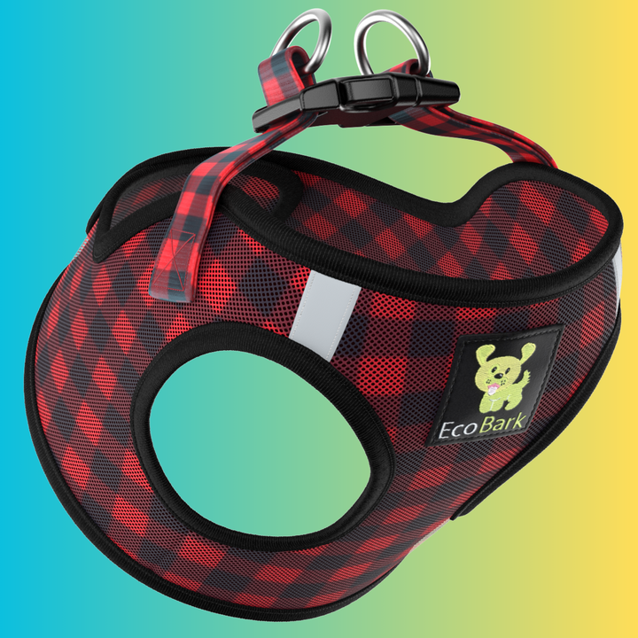 EcoBark Red Plaid Step In Dog Harness - Rapid Fastener Reflective Soft Mesh Dog Vest Halter for XXXS to Small Dogs and Puppies