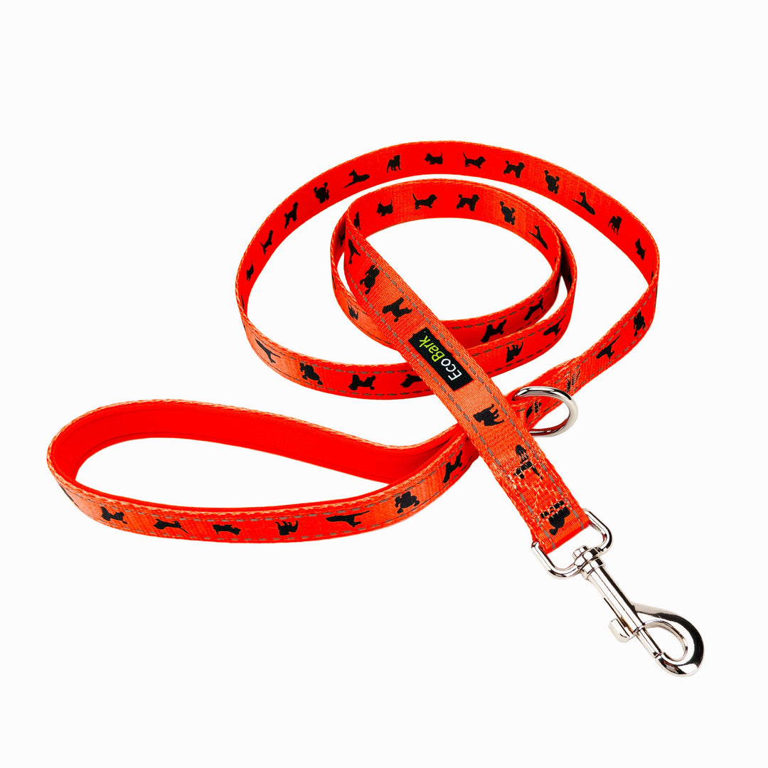 EcoBark Safety Orange Dog Leash- Padded Comfort Grip Leash with Dog Pattern - 4ft, 5ft, and 6ft Leash for Small and Medium Dogs