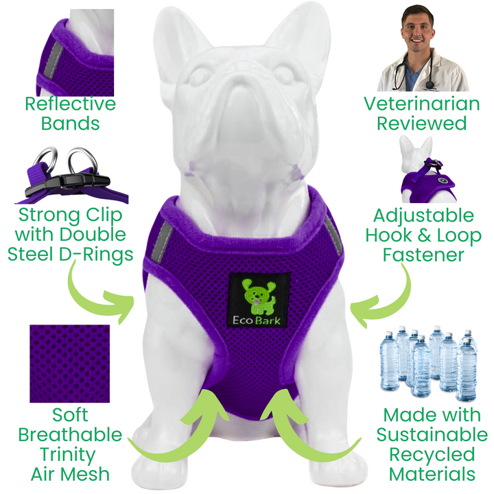 EcoBark Purple Step In Dog Harness - Rapid Fastener Reflective Soft Mesh Dog Vest Halter for Small Dogs and Puppies