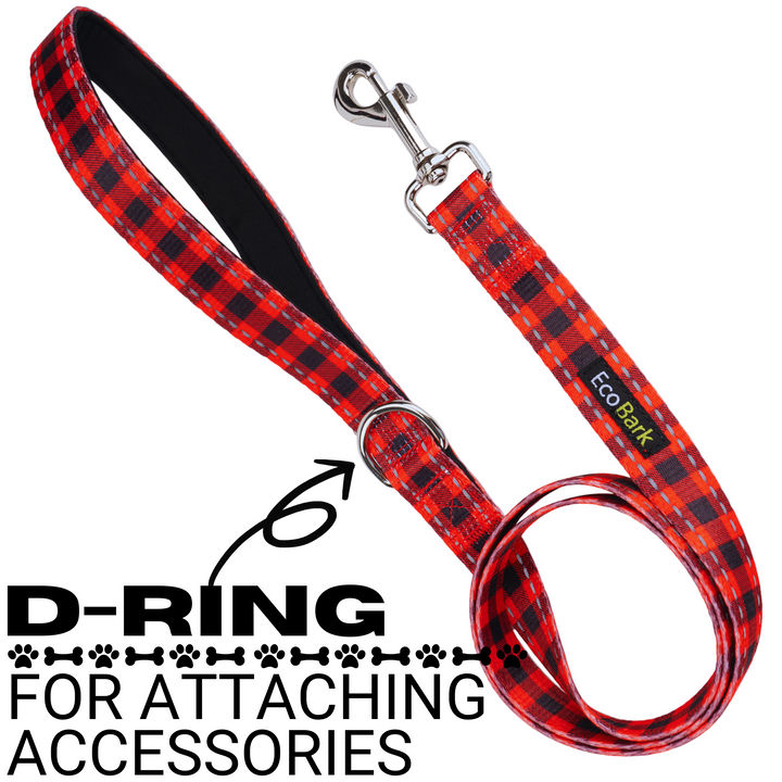 EcoBark Red Plaid Dog Leash- Padded Comfort Grip Leash - 4ft, 5ft, and 6ft Leash for Small and Medium Dogs