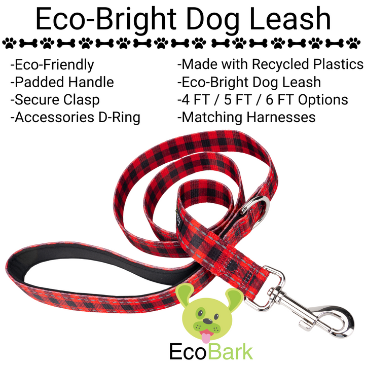 EcoBark Red Plaid Dog Leash- Padded Comfort Grip Leash - 4ft, 5ft, and 6ft Leash for Small and Medium Dogs