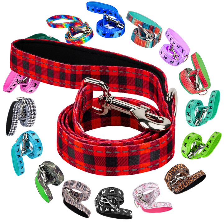 EcoBark Red Plaid Dog Leash- Padded Comfort Grip Leash - 4ft, 5ft, and 6ft Leash for Small and Medium Dogs