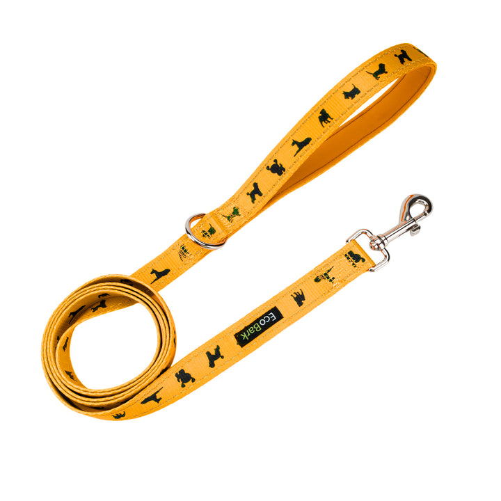 EcoBark Yellow Dog Leash- Padded Comfort Grip Padded Leash Dog Pattern - 4ft, 5ft, and 6ft Leash for Small and Medium Dogs